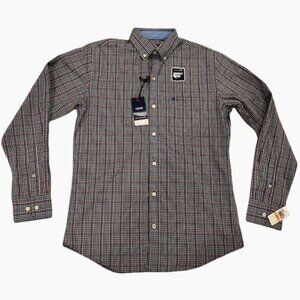 Izod Gingham Plaid Button Down Dress Shirt Red White Blue Small Collared Cotton